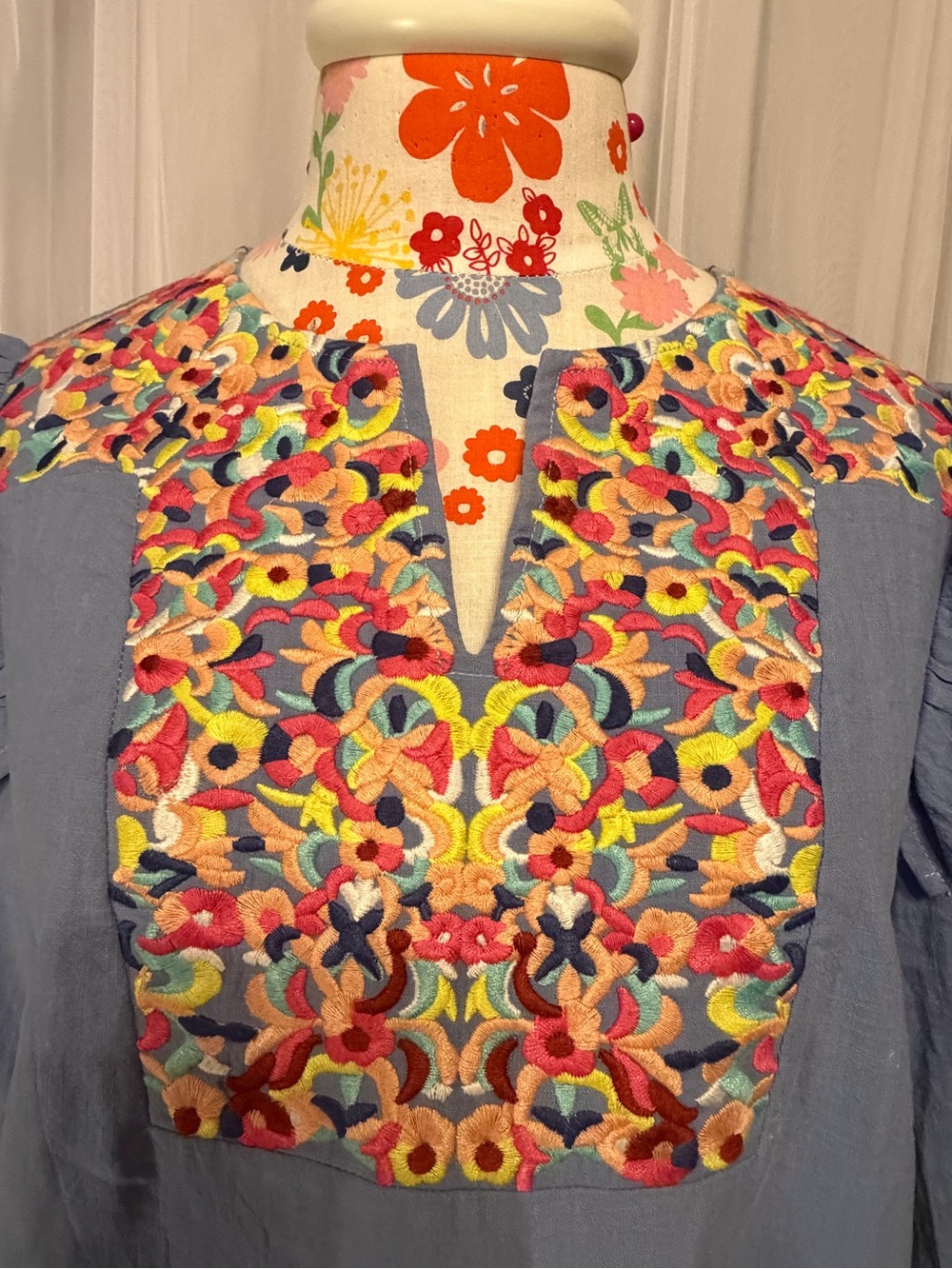 Blue Mini Dress with Colorful Embroidered Yoke - Picture 2 of 6